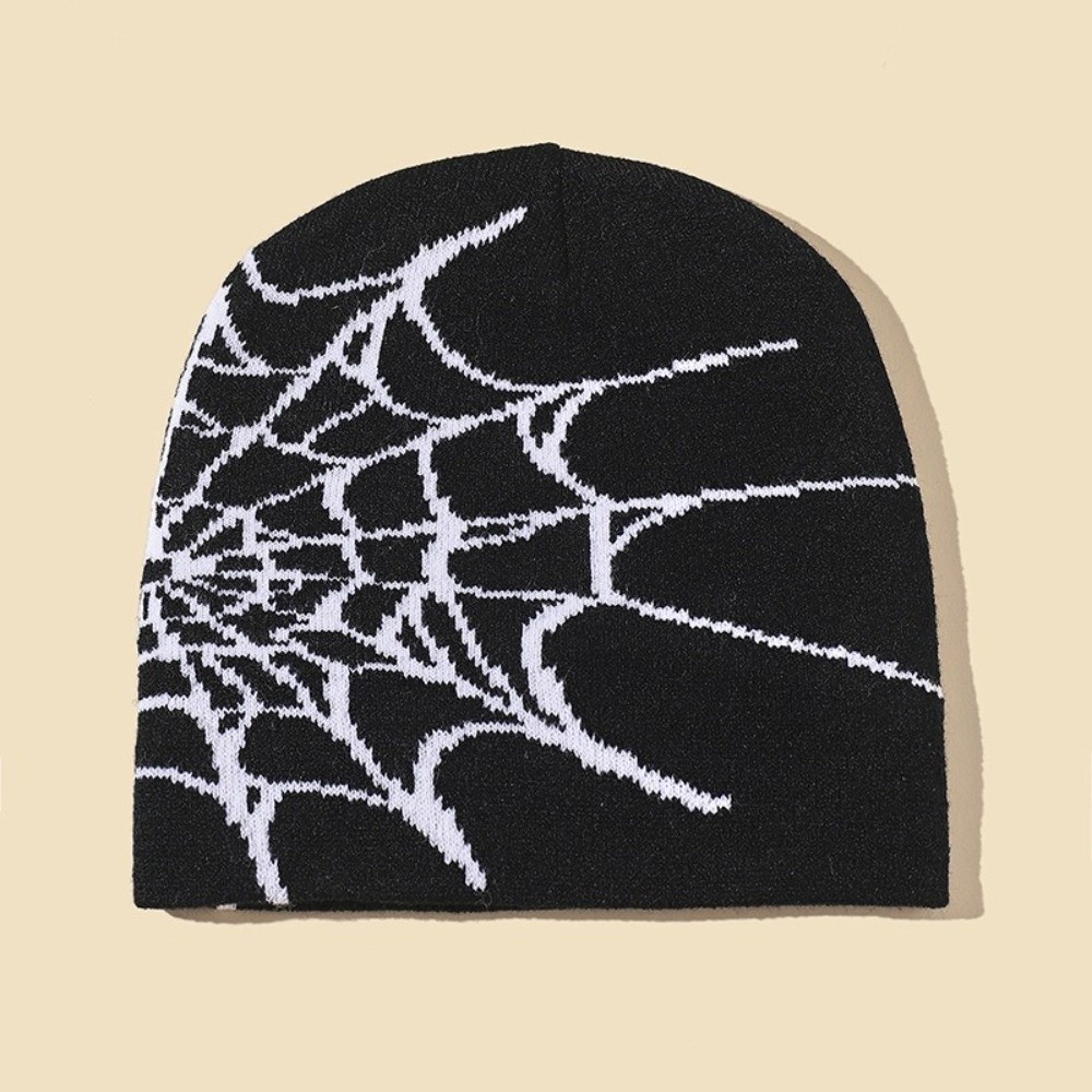 Y2K Soft Spider Web Pattern Be - Beanie Cuffed Knit 评论和价格