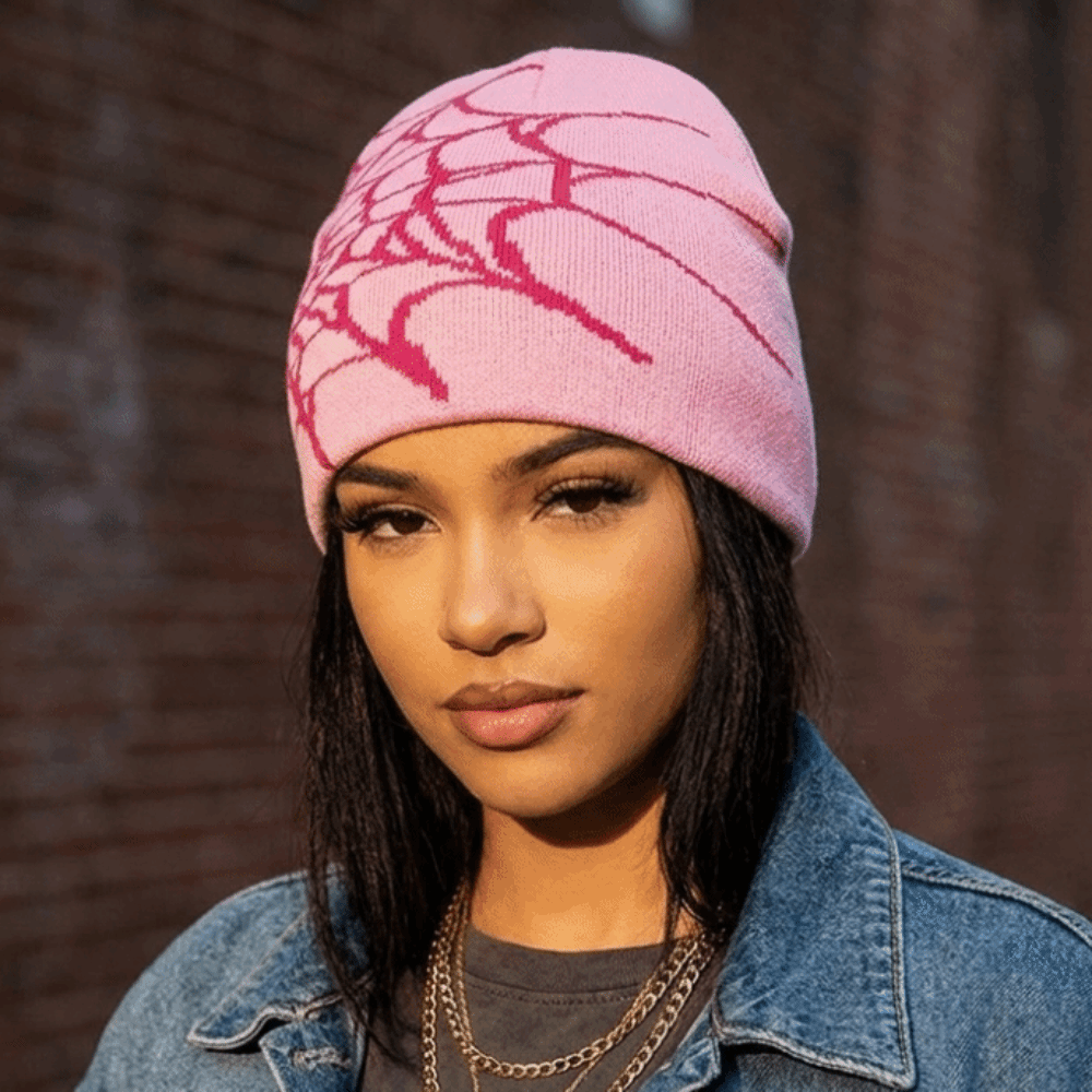 Y2K Soft Spider Web Pattern Be - Beanie Cuffed Knit 评论和价格