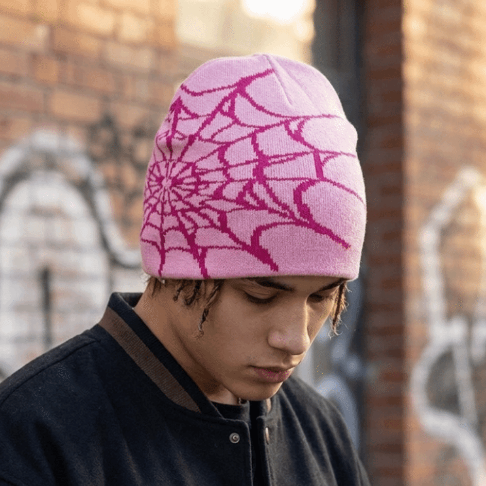 Y2K Soft Spider Web Pattern Be - Beanie Cuffed Knit 评论和价格